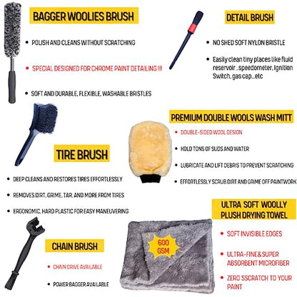 oesee Motorcycle Cleaning Kit 6 Pack Design for Chrome, Woolies Brush, Wool Wash Mitt, Tire&Chain Brush, Detailing Brush& Ultra Plush Towel for Motorcycle& Bike Chrome Painted, Rims, Exhaust, Surface - size: Grey(6 Pack)