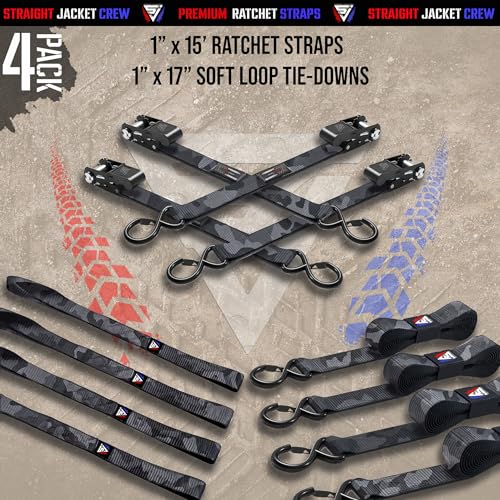 Ratchet Tie Down Straps (4 Pack) - 1,823lb Max Break Strength incl. (4) Heavy Duty 1" x 15' Rachet Tie Downs with Hooks & Handles Best for Moving Securing Cargo by Straight Jacket Crew (Black Camo) - color: Black Camo, size: 1" x 15'