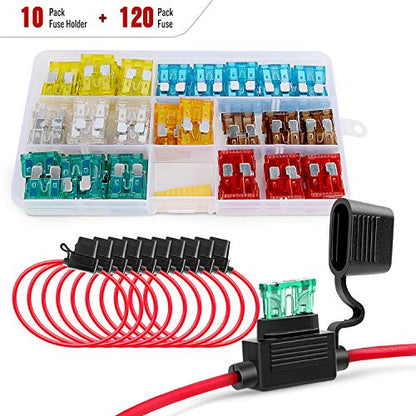 Nilight - 50029R 120 Pcs Standard Blade Fuse 5A/7.5A/10A/15A/20A/25A/30A AMP Assorted Set with 10 Pack 14AWG ATC/ATO Inline Fuse Holder, 2 Years Warranty, 1 Count (Pack of 10) - color: 120Pcs ATC/ATO Fuse + 14AWG Holder 10