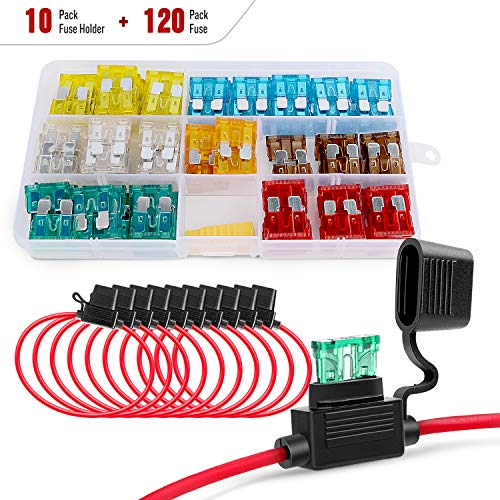 Nilight - 50029R 120 Pcs Standard Blade Fuse 5A/7.5A/10A/15A/20A/25A/30A AMP Assorted Set with 10 Pack 14AWG ATC/ATO Inline Fuse Holder, 2 Years Warranty, 1 Count (Pack of 10) - color: 120Pcs ATC/ATO Fuse + 14AWG Holder 10