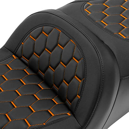 C.C. RIDER Motorcycle 2 Up Rider Driver&Passenger Seat Fit for Harley Touring CVO Road Glide Electra Glide Street Glide Road King 2009-2023 - color: Seat 16#Orange Stitching