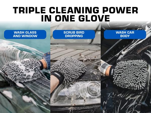 Premium 3-in-1 Car Wash Mitt Scratch Free, Cleaning Mitt, Microfiber Wash Mitts for Car Washing, Drying, and Scrubbing (2-Pack)