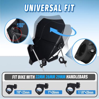 Motorcycle Universal Windshield 16.7” Windscreen Compatible with Yamaha Harley Honda Kawasaki Suzuki BMW Vulcan Cruiser Wind Deflector with 7/8" 1" 1 1/8" Handlebars, Black - color: Black