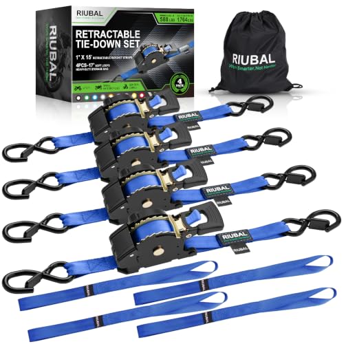 Retractable Ratchet Straps (4-Pack) - 1 Inch x 15 Feet (1,764lb Break Strength) - Auto Self Retracting Tie Down Straps Heavy Duty for Motorcycle, ATV, UTV, Truck, Cargo Trailer – Blue - color: Blue, size: 15 Feet