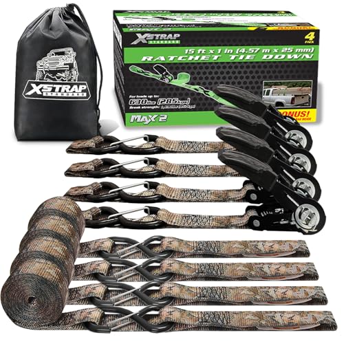 XSTRAP STANDARD 4-Pack Ratchet tie-Down Straps (1" x 15 ft) Feature Integrated Soft Loops, Padded Handles, Coated S-Hooks with Safety Clips, 1890 lbs Break Strength for Motorcycles, Trucks(Camouflage) - size: Camouflage-1890 lbs