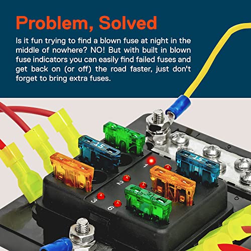 True Mods 6 Way Blade Fuse Box with Ground Negative Bus bar for Automotive [ATC/ATO Blade Fuses] [100 Amp] [LED] [Protection Cover] [12V - 30V DC] Auto Marine Ground Fuse Block - size: Fuse Box w/Busbar