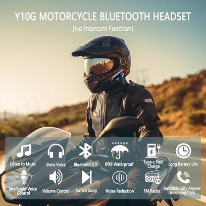 Motorcycle Helmet Bluetooth Speakers, Y10G Motorbike Headset Wireless 5.3 1000mAh with Hard Mic, Noise Cancellation, Stereo Sound, IPX6 Waterproof, Handsfree Earphones for Music Call Control
