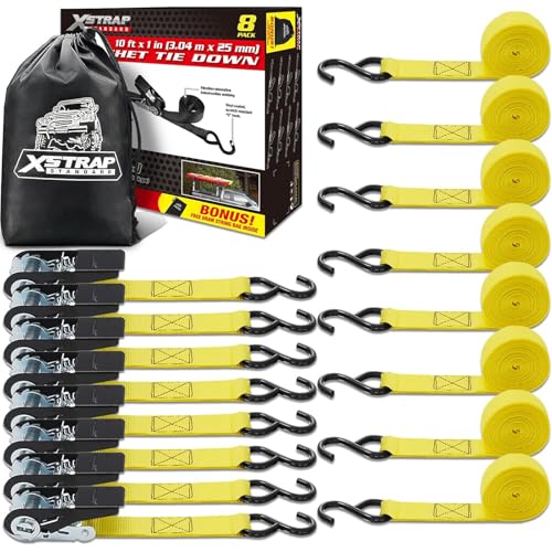 XSTRAP STANDARD 8-Pack Ratchet Tie Down Straps, 1" x 10ft, 900lb Break Strength Heavy Duty Straps for Motorcycles, ATVs, Lawn Equipment, Appliances & Truck Cargo - Yellow - color: Yellow