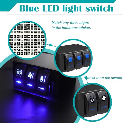 Twidec/Marine Rocker Switch Box Waterproof 12V 3 Gang Blue LED Light Toggle Switch Panel with Night Glow Stickers for Car Truck Boat RV