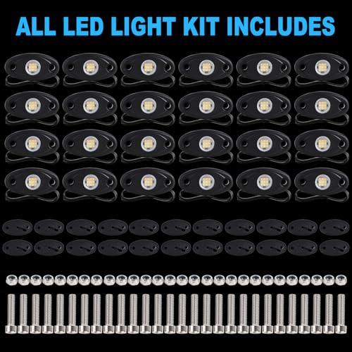 24 Pods White Led Rock Lights，Automotive General Under Body Neon Glow Led Pure Light Kit Ip68 Waterproof 3.8ft Extension Wires for Car Truck Boat Rv ATV Utv SUV RZR Motorcycle Trail Rig Lamp（White） - color: White-24pcs