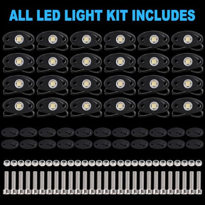 24 Pods White Led Rock Lights，Automotive General Under Body Neon Glow Led Pure Light Kit Ip68 Waterproof 3.8ft Extension Wires for Car Truck Boat Rv ATV Utv SUV RZR Motorcycle Trail Rig Lamp（White） - color: White-24pcs