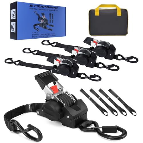 Retractable Ratchet Straps, 1763lb Break Strength Heavy Duty Auto Self Retracting Ratchet Strap with Soft Loops, 1 Inch x 10 Feet Tie Down Straps Easy Retract for Motorcycle Truck Securing Cargo, 4PK - color: Black, size: 1" x 10FT - Retractable - 4 Pack