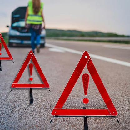 BRIGHTGUARD 2 Piece Reflective Road Safety Triangle with Warning Exclamation Point | High Visibility and Durable Construction || Foldable and Comes with Case - color: Red - 2 Piece