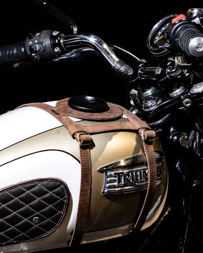 Trip Machine Company Genuine Leather Motorcycle Fuel Tank Strap – Heavy Duty Adjustable Horizontal Tank Mount Cover for Right Side Fuel Inlet Bikes (Only Tank Strap, Brown) - color: Tobacco Brown, style: Only Tank STrap