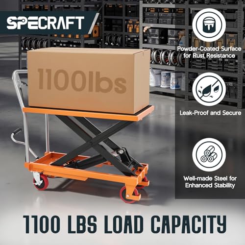 SPECRAFT 1100 lbs Hydraulic Lift Cart, Single Scissor Lift Table, 33" Max Height, 4 Wheels, Non-Slip Pad Material Handling Platform, Orange - size: 1100 lbs