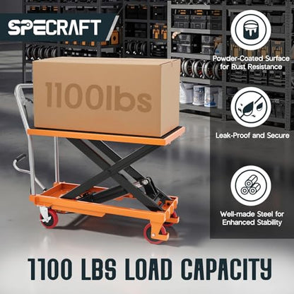 SPECRAFT 1100 lbs Hydraulic Lift Cart, Single Scissor Lift Table, 33" Max Height, 4 Wheels, Non-Slip Pad Material Handling Platform, Orange - size: 1100 lbs