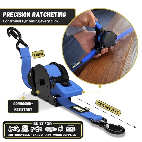 JACO Retractable Ratchet Straps - 1 in x 15 ft (4-Pack) (1,760lbs Break Strength) | Auto Self Retracting Cargo Tie Down Strap Set (Blue) - color: Blue, size: 4-Pack