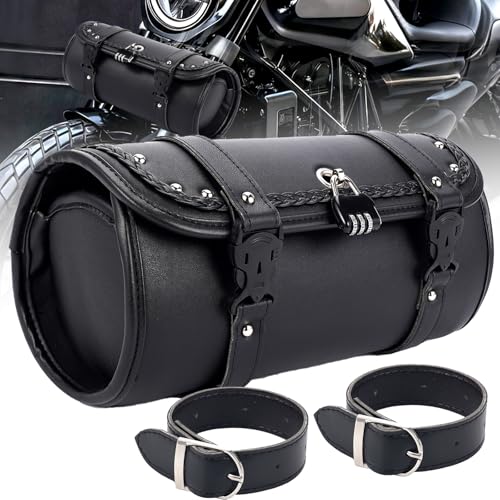 Retro Motorcycle Handlebar Bag with Combination Lock,PU Leather Handlebar Bag,Dual Mount Anti-Theft Motorcycle Tool Bag,Universal Easy Install for Most Models - color: Black - Round