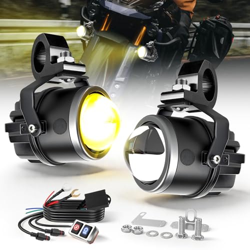BraveWAY Motorcycle Auxiliary LED Light Kit 90W 24000LM LED Driving Spotlights with Wiring Harness 6 Modes Strobe White/Amber Fog Light IP68 Offroad Work Lights for Motorcycle Truck UTV ATV Pickup - color: Moto-T7-1 LENS