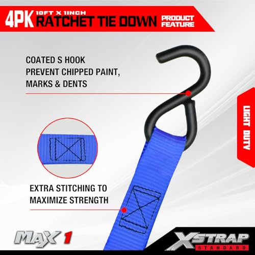 XSTRAP STANDARD Ratchet Tie Down Straps 4 Pk 10 Ft- 300 Lbs Load Cap- 900 Lbs Break Strength-Cargo Straps for UTV, ATV, Pickup,Truck, Moving Appliances, Lawn Equipment, Blue - color: Blue, size: 4pk 1inchx10ft
