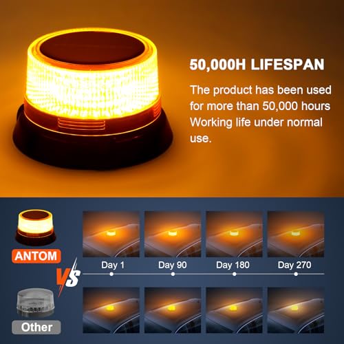 AnTom Solar LED Wireless Strobe Lights, Waterproof Rechargeable Amber Beacon Light with Strong Magnetic Base, Warning Rotating Flashing for Working Vehicle - color: Amber