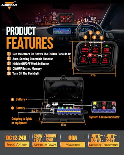 Auxbeam 6 Gang Switch Panel RA60 Toggle Momentary Pulsed RGB Dimmable Switch Panel Multifunction Switch Panel Built in Solid State Relay Marine Control Panel Waterproof for Car Boat, 3 Years Warranty - size: 6 Gang, style: RGB (Without APP)