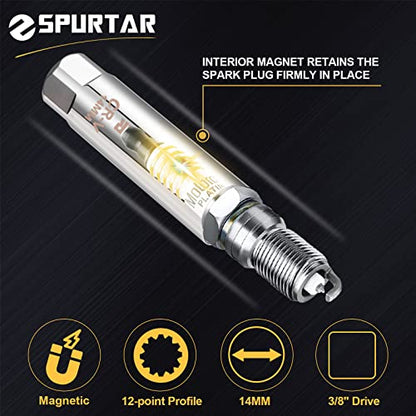 Spurtar 14mm Spark Plug Socket 3/8-inch Drive Thin Wall Magnetic Spark Plug Socket - 12-Point Design Compatible with BMW, Mercedes, Nissan, Mini Motorcycle, SUV, Car - size: 14mm Magnetic