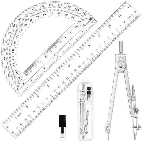 Coopay 3 Pcs Plastic 12 Inch Ruler, Clear Protractor and Compasses Set | Clear Ruler, Protractor and Compass set, Geometry, Durable, Drawing, Measuring, Math, Art, Classroom, School, Student - size: 3 Pcs Geometry Math Tool