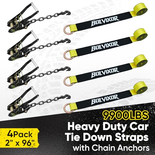 4 Pack Car Tie Down Straps for Trailers - 2" x 96" - 9900LBS Break Strength - Tire Ratchet Straps with Heavy Duty Chain Anchors for Hauling UTV, SUV, Truck, Any Cars - color: Yellow