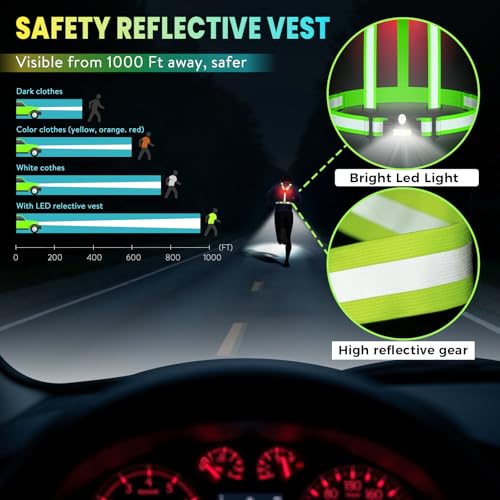 LED Reflective Sash Safety Gear, Running Lights for Runners at Night, High Visibility USB Rechargeable Light for Jogging Running Cycling Walking Motorcycle. - color: green vest