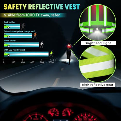 LED Reflective Sash Safety Gear, Running Lights for Runners at Night, High Visibility USB Rechargeable Light for Jogging Running Cycling Walking Motorcycle. - color: green vest