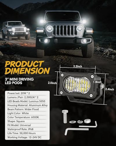 LED Pod Light 2PCS 3inch 40W 4000LM Flood Beam Baja Light with DT Wiring Harness Kit Backup Driving Lights Off Road Low Profile LED Light Bar Fog Lights for Motorcycle Truck UTV ATV Pickup - size: 3inch - Flood