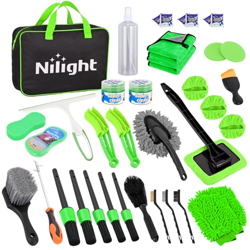 Nilight 37PCS Car Detailing Kit Auto Cleaning Tools Wash Set with Storage Carry Bag Home Use for Interior Exterior Deep Clean Car Care Windshield Dashboard Seat Air Vents Wheels Tires, Green - color: 52PCS Set, Green