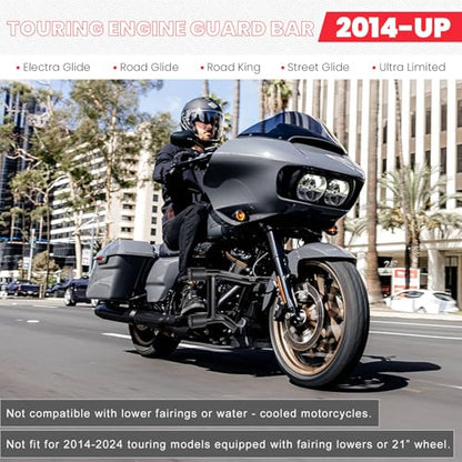 2014-2026 Front Engine Guard Crash Bar for Harley Touring Street Glide Road Glide Road King Electra Glide Ultra Classic, Gloss Black Flat Out Bar