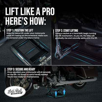 Let's Roll Standard Motorcycle Lift Jack - 1200 LB Heavy Duty Scissor Jack Stands, Scissor Lift Jacks, Motorcycle Accessories, Stable Garage Lifts with Mobility for Maintenance - Made in The USA