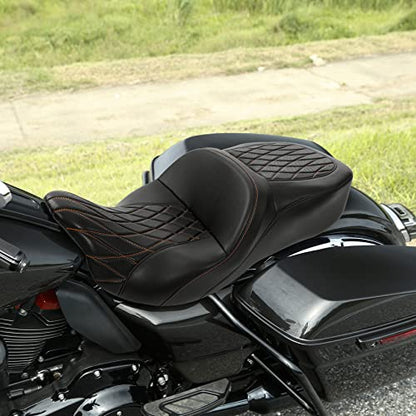 Passenger+Rider Driver Seat fit for Harley Davidson Touring 2009-2023 Road King Street Glide Road Glide Electra Glide Tri Glide models - color: 26#Black+Orange Seat-1