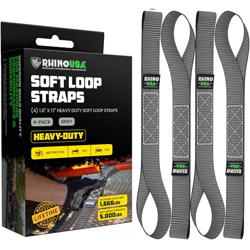 Rhino USA Soft Loop Tie Down Straps (4-Pack) - 1.6 Inch x 17 Inch (5,000 lbs Break Strength) Heavy Duty Motorcycle Handlebar Straps for use with Ratchets for ATV, UTV, Dirt Bike (Gray) - color: Gray 4-Pack