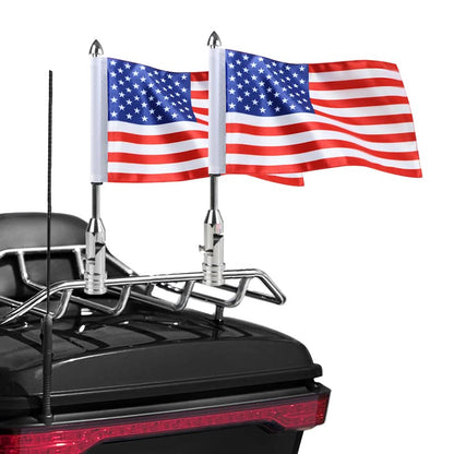 2 Pack Motorcycle Flag Pole Fold Down 90° and American Flag Flagpole Holder Bracket Fit for 1/2'' Luggage Rack For Harley Touring Spring Honda Goldwing etc. - color: Silver Flagpole+Red US Flags
