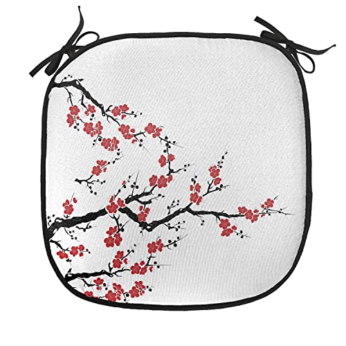 Lunarable Japanese Chair Cushion Pad, Simplistic Cherry Blossom Tree-Themed Pattern Nature Lines Oriental Art Print, Seat Padding for Kitchen & Patio with Anti-Slip Backing, 16"x16", Cinnamon Red - color: Cinnamon Red, size: Pack of 1