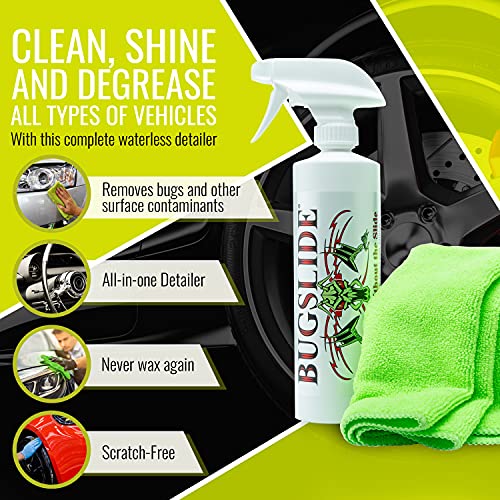 BugSlide 16 Oz Shop Kit Cleaner and Polisher with Microfiber Towel, Spray and Wipe Car Cleaner, Waterless Detailer for Removing Bugs without Scratching, Shining and Degreasing all Surfaces - size: 16 Oz Shop Kit