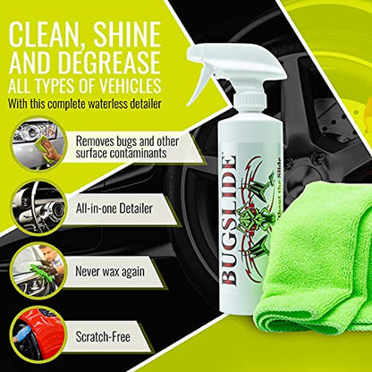 BugSlide Cart Combo - Shop Kit 16oz Spray Bottle Cleaner with Microfiber Towel and Mesh X-Treme Cloth - Multisurface Cleaning and Car Detailing Solution that Shines and Degreases Without Scratching