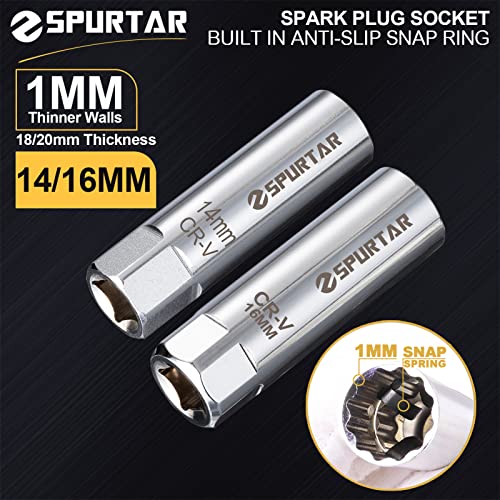 Spurtar 14mm 16mm Spark Plug Socket Set Thin Wall 12-Point 3/8-Inch Drive Spark Plug Tool Set for Auto, Fits BMW Peugeot Benz Nissan Cars Motorcycle SUV ATV with Spring Clips 2pcs CRV Steel Tool - size: 14mm & 16mm Set