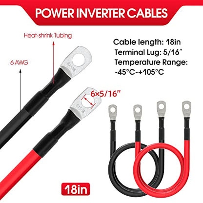 6 AWG Battery Cables 6 Gauge Battery Power Inverter Cable with 5/16 Inch Tinned Copper Lugs Both Ends for Solar Marine Boat RV Car Motorcycle 2 pcs (18 in) - size: 18 in