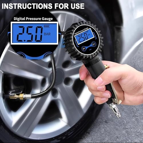 SUVCARMPING 250 PSI Digital Tire Pressure Gauge, Heavy Duty Air Pressure Gauge (±1% Accurate) with Lock-on Air Chuck, LED Backlit LCD and 4-Way Valve Tool for Heavy Trucks, RVs, Cars, Blue - size: blue(Lock-on Air Chuck)
