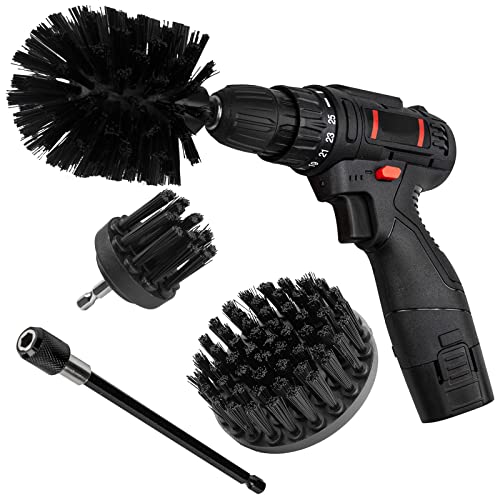 Drill Brush Attachment Kit, Multi-Purpose Scrubber, 4-Piece Cleaning Kit for Bathroom, Glass, Tile, Car Tires - Black - color: Black