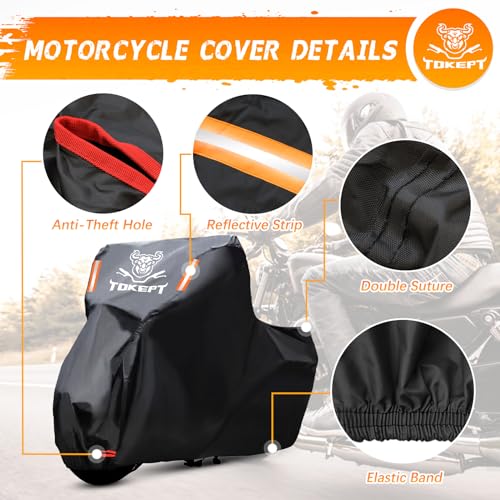 Motorcycle Cover, All Season Waterproof Outdoor Protection with Lock-Holes, Night Reflective & Storage Bag, Fits up to 104" Cruisers, Touring, Dirt Bikes (Black) - size: XXL-104"