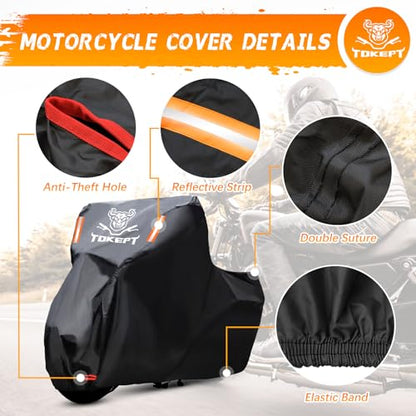 Motorcycle Cover, All Season Waterproof Outdoor Protection with Lock-Holes, Night Reflective & Storage Bag, Fits up to 104" Cruisers, Touring, Dirt Bikes (Black) - size: XXL-104"