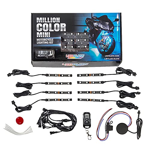 LEDGlow 8pc Advanced Million Color Mini LED Motorcycle Accent Underlow Light Kit - 15 Solid Colors - 6 Patterns - 4" Multi-Color Flexible Strips - Includes Waterproof Control Box & Wireless Remote