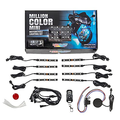 LEDGlow 8pc Advanced Million Color Mini LED Motorcycle Accent Underlow Light Kit - 15 Solid Colors - 6 Patterns - 4" Multi-Color Flexible Strips - Includes Waterproof Control Box & Wireless Remote