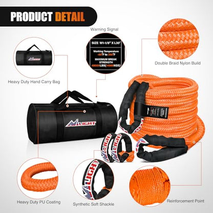 Nilight Kinetic Recovery Tow Rope Kit with 2 Soft Shackle 1-1/8inx30ft Heavy Duty Offroad Tow Rope Snatch Strap Towing Strap kit 48,000LBS for UTV ATV SUV Truck Car Jeep Tractor - color: 1/8inx30ft Rope+ 2 Pcs Soft Shackle